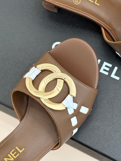 CC Flared Heel Mules Brown Lambskin Leather 904664