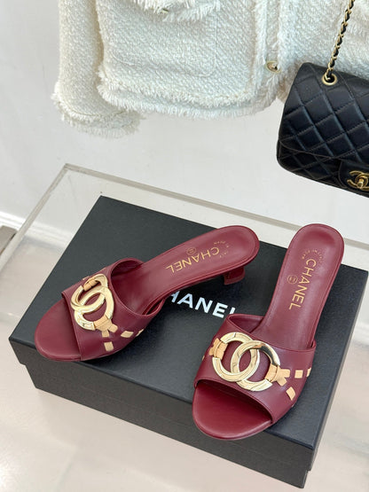 CC Flared Heel Mules Burgundy Lambskin Leather 904662