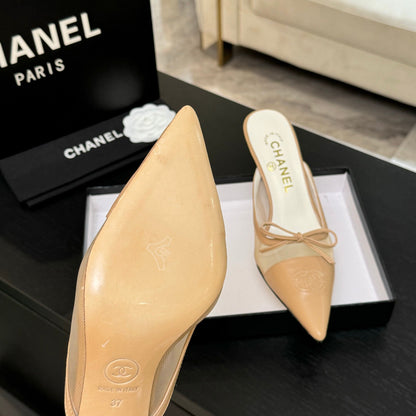 CC Bow Pointed Toe Mules Beige Mesh & Leather 912942