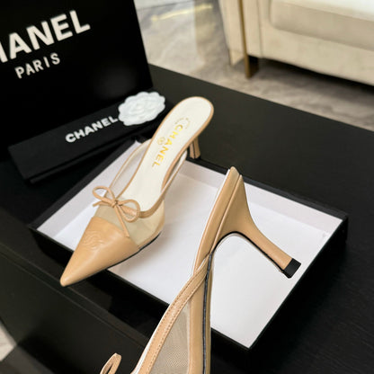 CC Bow Pointed Toe Mules Beige Mesh & Leather 912942