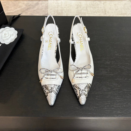 CC Snake Print Cap Toe Bow Slingback Pumps 6.5cm White Leather 912928