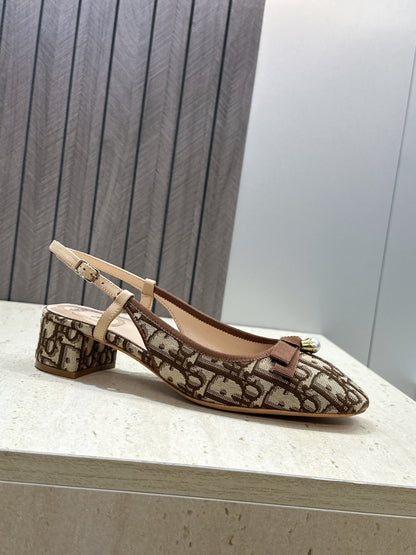 CD Oblique Bow Pearl Slingback Pumps 3.5CM Brown Embroidered Cotton 933312