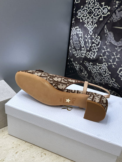 CD Oblique Bow Pearl Slingback Pumps 3.5CM Brown Embroidered Cotton 933312