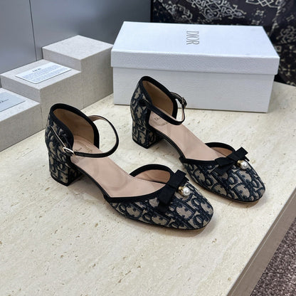 CD Oblique Bow Pearl Ankle Strap Pumps 3.5CM Grey Navy Embroidered Cotton 933313