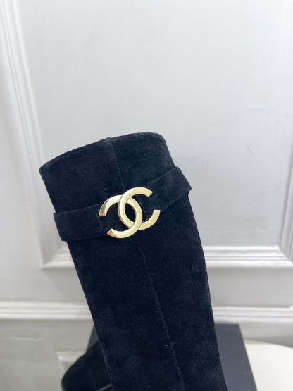 CC Double C Knee-High Boots 3.5CM Black Suede Leather 946898