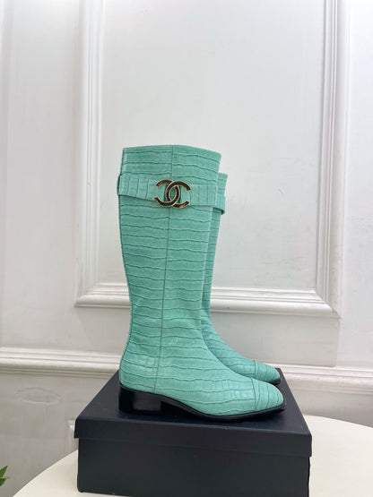 CC Double C Knee-High Boots 3.5CM Mint Green Croc-Embossed Leather 946897