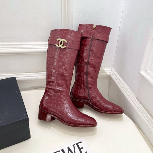 CC Double C Knee-High Boots 3.5CM Burgundy Croc-Embossed Leather 946896