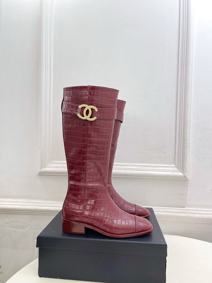 CC Double C Knee-High Boots 3.5CM Burgundy Croc-Embossed Leather 946896