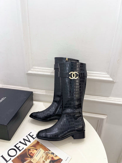 CC Double C Knee-High Boots 3.5CM Black Croc-Embossed Leather 946895