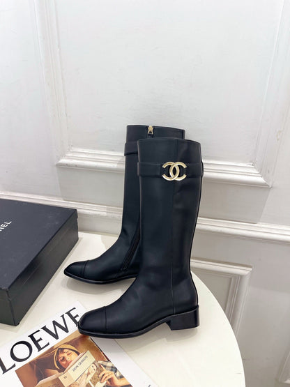 CC Double C Knee-High Boots 3.5CM Black Leather 946891