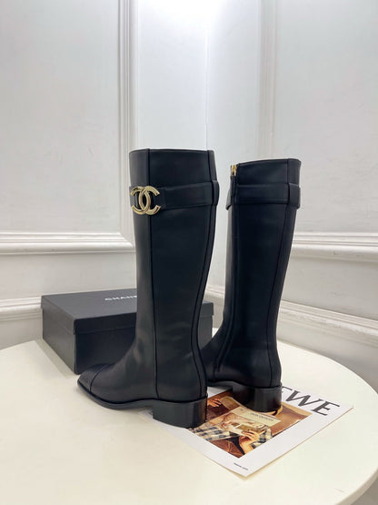 CC Double C Knee-High Boots 3.5CM Black Leather 946891