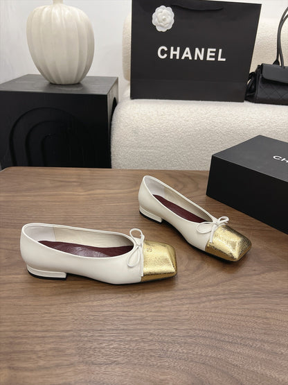 CC Square-Toe Ballet Flats White Gold Lambskin 961514