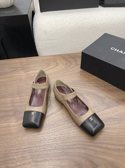 CC Square-Toe Mary Jane Flats Beige Black Lambskin 961512