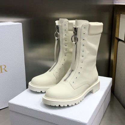 CD Combat Boots Mid-Calf Front Zipper Milk White Leather 965382