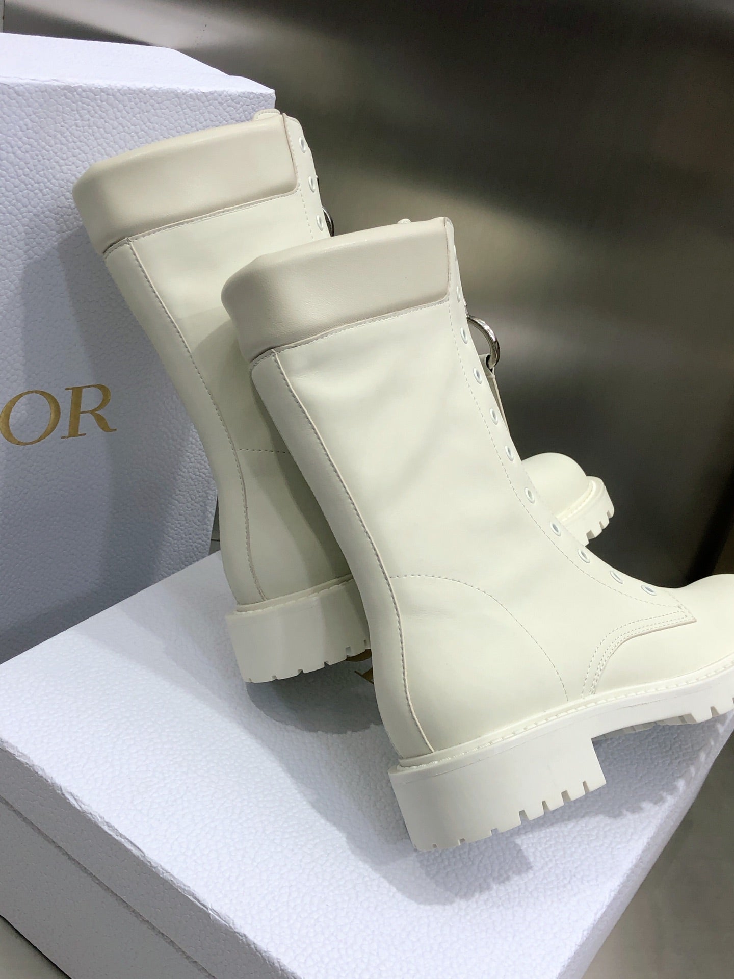 CD Combat Boots Mid-Calf Front Zipper Milk White Leather 965382