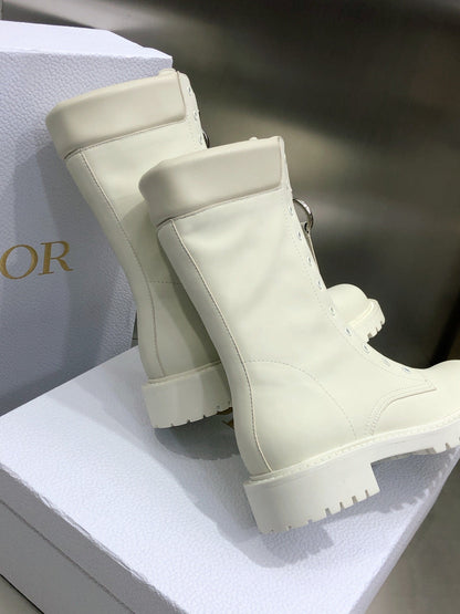 CD Combat Boots Mid-Calf Front Zipper Milk White Leather 965382