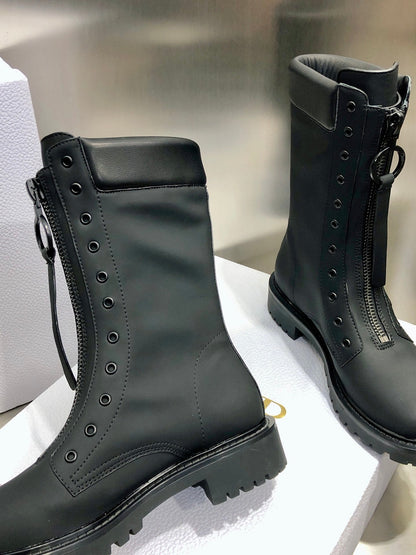 CD Combat Boots Mid-Calf Front Zipper Black Leather 965381
