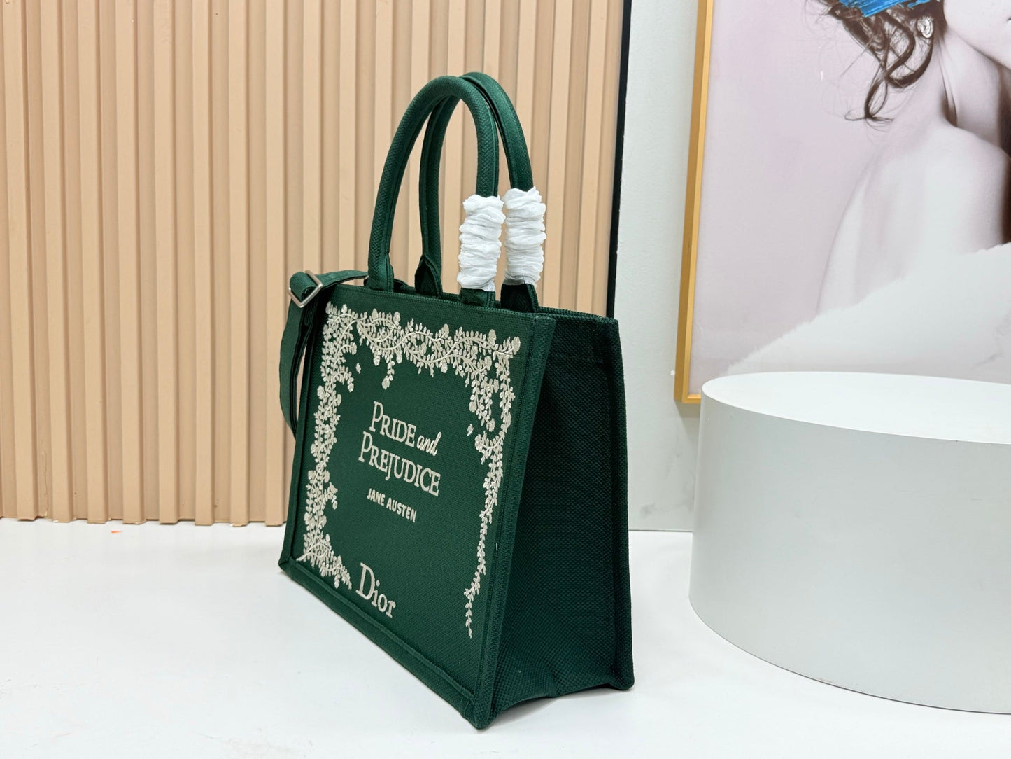 CD Book Tote Medium Pride and Prejudice Green Embroidery Canvas 159367