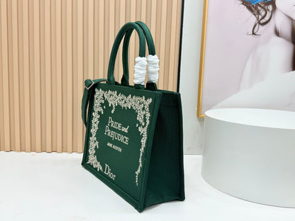 CD Book Tote Medium Pride and Prejudice Green Embroidery Canvas 159367