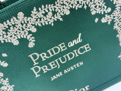 CD Book Tote Medium Pride and Prejudice Green Embroidery Canvas 159367