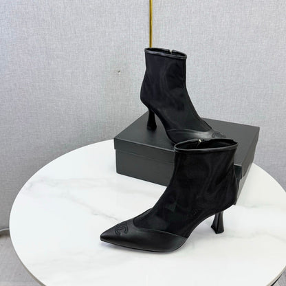 CC 26s Pointed-Toe Stiletto Ankle Boots Black Sheepskin Mesh 972790