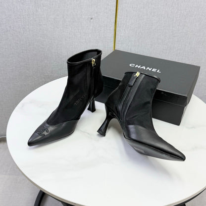 CC 26s Pointed-Toe Stiletto Ankle Boots Black Sheepskin Mesh 972790