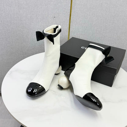 CC Mid-Calf Boots Pearl Ball Heel Bow Ivory Black Leather 972796