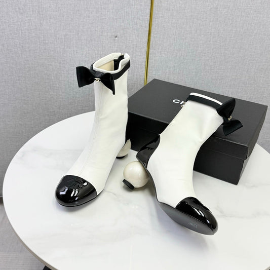 CC Mid-Calf Boots Pearl Ball Heel Bow Ivory Black Leather 972796