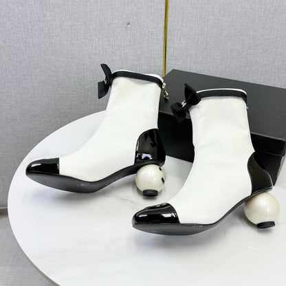 CC Mid-Calf Boots Pearl Ball Heel Bow Ivory Black Leather 972796