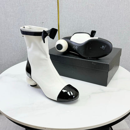 CC Mid-Calf Boots Pearl Ball Heel Bow Ivory Black Leather 972796