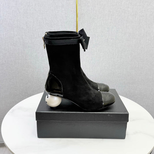 CC Mid-Calf Boots Pearl Ball Heel Bow Black Suede Leather 972797