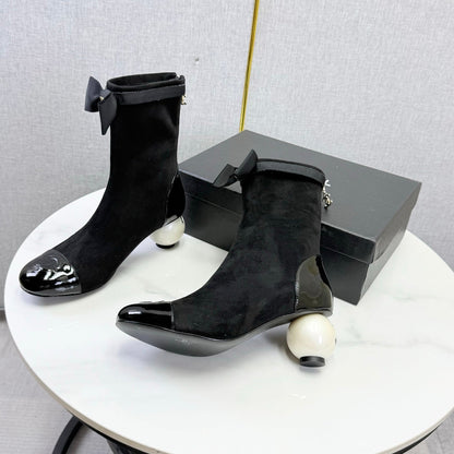 CC Mid-Calf Boots Pearl Ball Heel Bow Black Suede Leather 972797