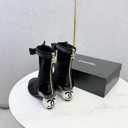 CC Mid-Calf Boots Pearl Ball Heel Bow Black Suede Leather 972797