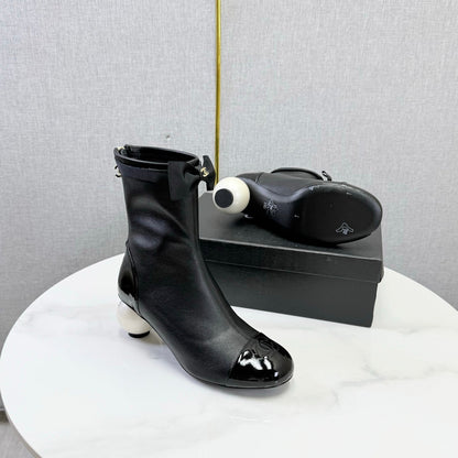 CC Mid-Calf Boots Pearl Ball Heel Bow Black Leather 972798