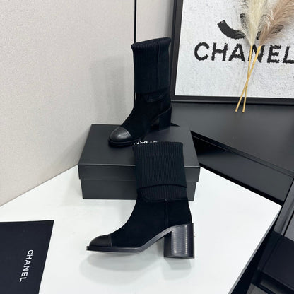 CC Mid-Calf Sock Boots Black Suede Stretch Knit 985658