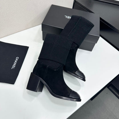 CC Mid-Calf Sock Boots Black Suede Stretch Knit 985658