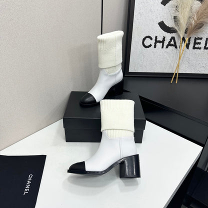 CC Mid-Calf Sock Boots White Leather Stretch Knit 985655