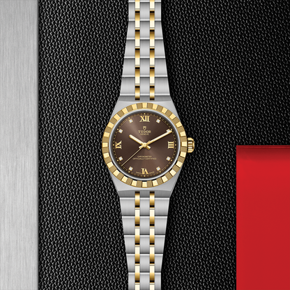 TUDOR Royal Yellow Gold Two-Tone 30mm - Brown, Diamond-Set on Bracelet