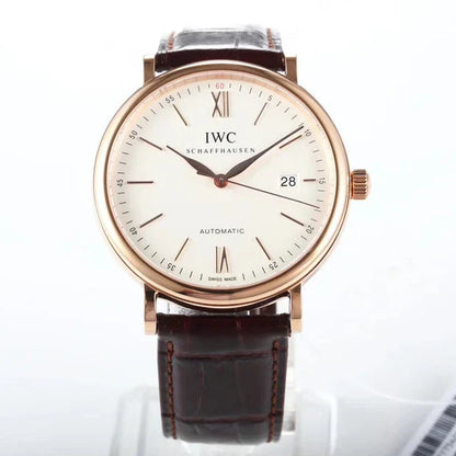 IWC Portofino 40mm White Dial Pink Gold Case Brown Leather
