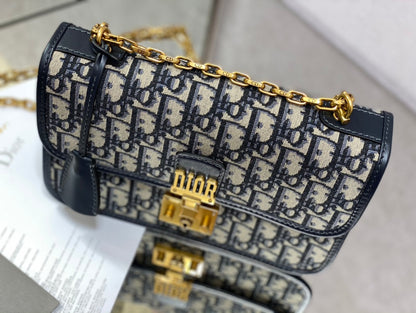 CD embroidered chain bag 24 dark blue leather cotton