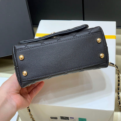 CC 24K Coco Hanle Mini 19cm Black Red Grained Calfskin Gold Hardware