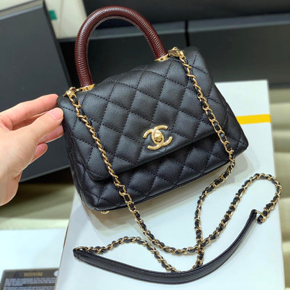 CC 24K Coco Hanle Mini 19cm Black Red Grained Calfskin Gold Hardware
