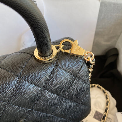 CC 24K Coco Hanle Mini 19cm Black Grained Calfskin Gold Hardware