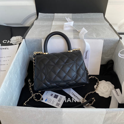 CC 24K Coco Hanle Mini 19cm Black Grained Calfskin Gold Hardware