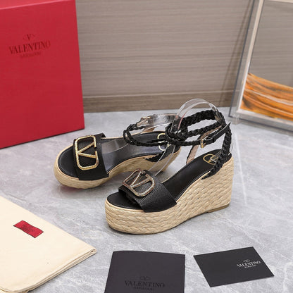 VT Wedge Platform Sandals Black Cowhide Espadrilles 363030