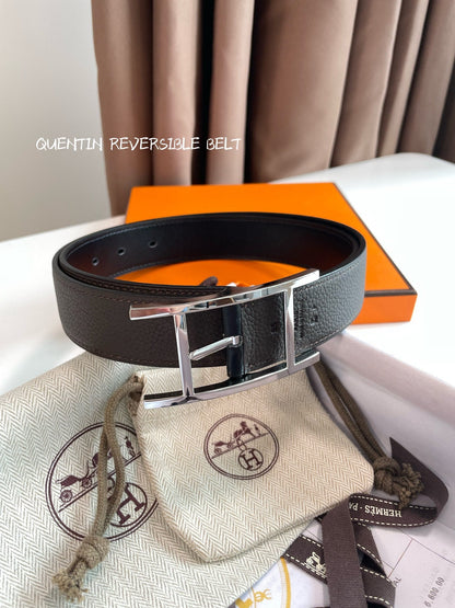 HM Silver Quentin Reversible 32mm Belt Black Chocolate Leather 187794