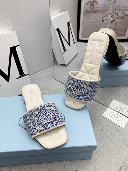 Prada 2026 Slippers Embroidery Canvas Sheepskin 731065