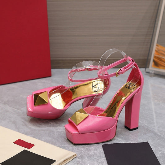 Open Toe Pump With One Stud Gold Patent Pink Leather 130MM