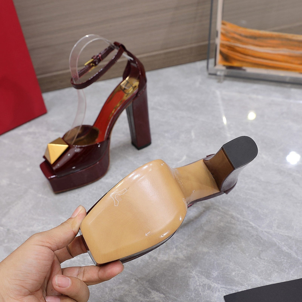 Open Toe Pump With One Stud Gold Patent Burgundy Leather 130MM