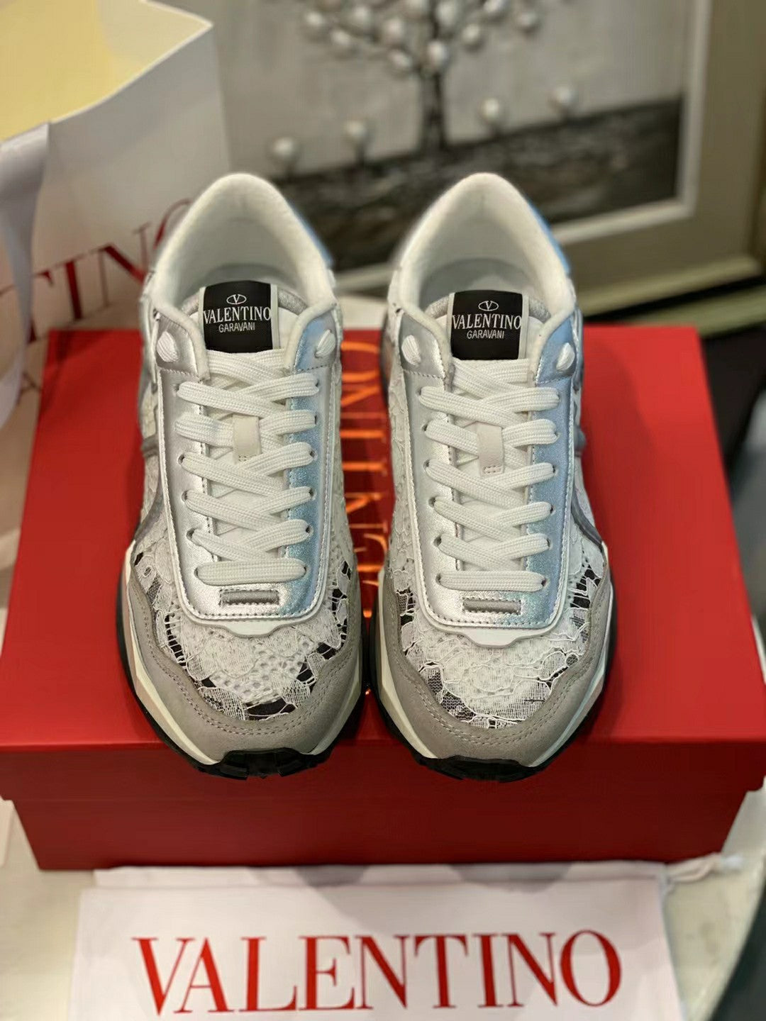 Lace And Mesh Lacerunner Sneaker In White Mix Grey 994620
